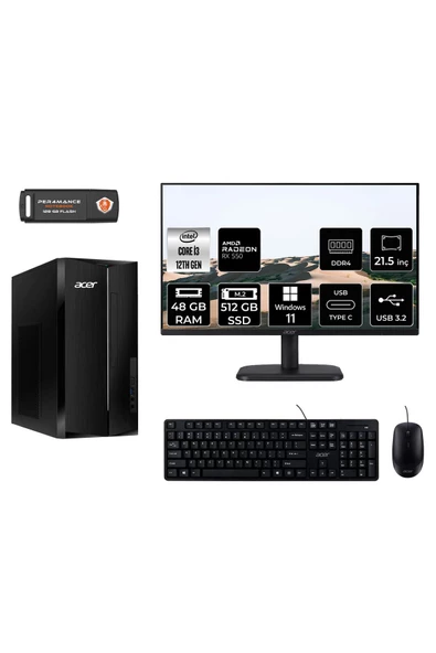 ACER ASPİRE TC1760 MDT004D242 i3 12100 48GB RAM 512GB SSD RX550 4GB 21.5" W11H MASAÜSTÜ PC
