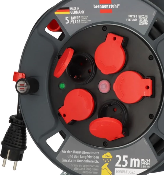 Brennenstuhl Profesyone Serisi 5 Soketli Sigorta Şalterli IP44 Lisanslı 25 Metre Makaralı Kablo (H07RN-F 3G2.5) - 5