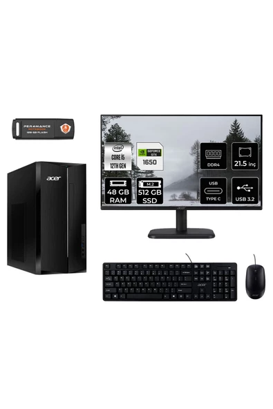 ACER ASPİRE TC1760 MDT005D642 i5 12400 48GB RAM 512GB SSD GTX1650 4GB 21.5" FDOS MASAÜSTÜ PC