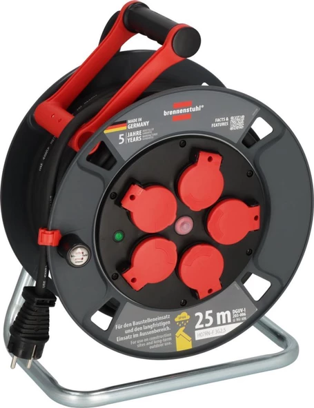 Brennenstuhl Profesyone Serisi 5 Soketli Sigorta Şalterli IP44 Lisanslı 25 Metre Makaralı Kablo (H07RN-F 3G2.5)