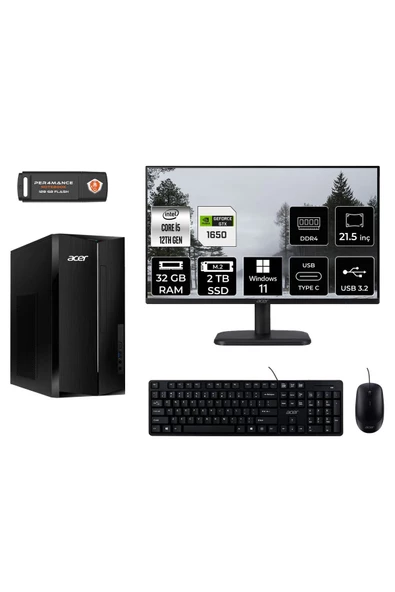 ACER ASPİRE TC1760 MDT005D729 i5 12400 32GB RAM 2TB SSD GTX1650 4GB 21.5" W11P MASAÜSTÜ PC