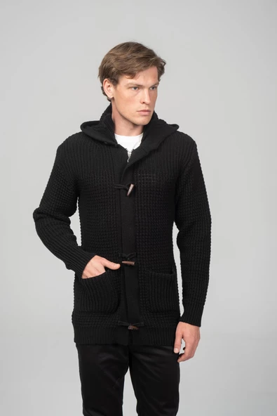 Erkek Kalın Örgülü Kışlık Önü Fermuarlı Ve Fildişi Detaylı Triko Hırka