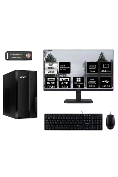 ACER ASPİRE TC1760 MDT005D215 i5 12400 16GB RAM 4TB SSD RX550 4GB 21.5" W11H MASAÜSTÜ PC
