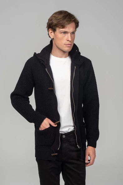 Erkek Kalın Örgülü Kışlık Önü Fermuarlı Ve Fildişi Detaylı Triko Hırka - 6