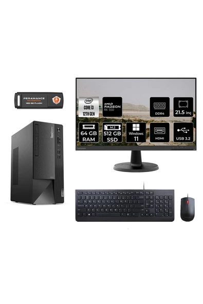 LENOVO Neo 50T M01ATXD297 i3 12100 64GB RAM 512GB SSD RX550 4GB 21.5" W11P MASAÜSTÜ PC