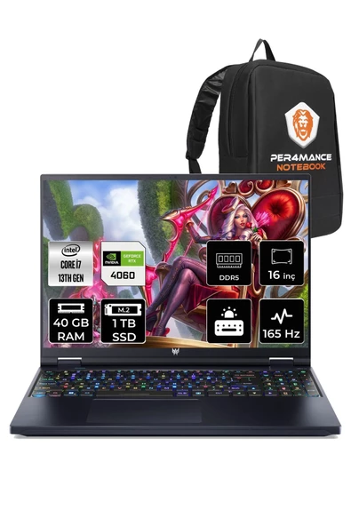 ACER PREDATOR İ7 13700HX 40GB RAM 1TB SSD RTX4060/8GB 165HZ 16'' QHD+ FDOS HNQJQEY001 & PER4 ÇANTA