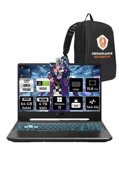 ASUS TUF Gaming F15 i5 11400H 64GB 4TB SSD RTX3050/4GB 144Hz 15.6'' FHD W11P HN375 & PER4 ÇANTA