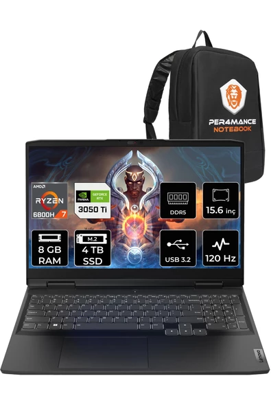 LENOVO Ideapad 3 R7 6800H 8GB 4TB SSD 3050Ti/4GB 15.6" FHD 120HZ FDOS 82SB00X6TX & PER4 ÇANTA