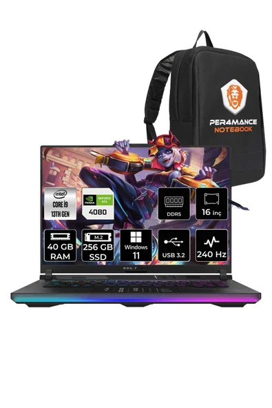 ASUS Rog Strix 16 i9 13980HX 40GB 256GB SSD RTX4080/12GB 240Hz 16" WQXGA W11P NM042 & PER4 ÇANTA