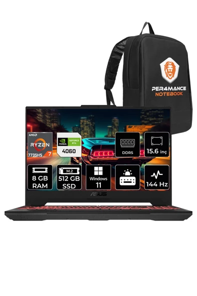 ASUS TUF Gaming A15 R7 7735HS 8GB 512GB SSD RTX4060/8GB 144HZ 15.6 FHD W11PRO LP037 & PER4 ÇANTA