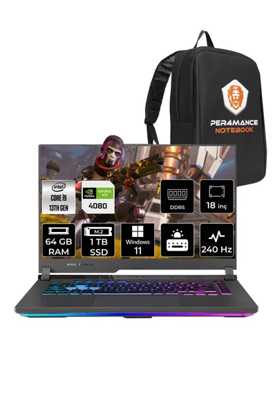 ASUS ROG STRIX G18 i9 13980HX 64GB 1TB SSD RTX4080/12GB 240Hz 18" WQXGA W11P N6022 & PER4 ÇANTA