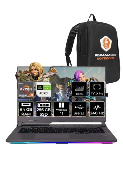 ASUS ROG STRIX G17 R9 7845HX 64GB 256GB SSD RTX4070/8GB 240Hz 17.3" WQHD W11P LL080 & PER4 ÇANTA