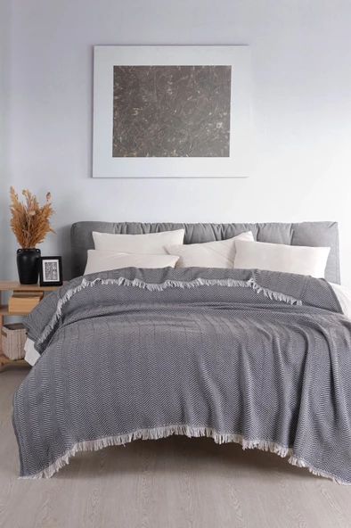 Terry Home Carden Organik Pamuklu Siyah Koltuk Örtüsü Desenli 200x230 Cm Kanepe Çekyat Buldan Bezi - 2