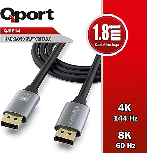 QPORT Q-DP14 1.8M DISPLAY PORT 1.4V KABLO 1.8 METRE DİSPLAY DİSPLAY KABLO 4K 144HZ-8K 60HZ