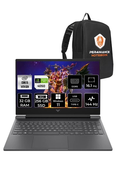 HP VİCTUS 16  i5-14500HX 32GB RAM 256GB SSD RTX4050/6GB 144Hz 16.1 FHD W11HOME 9J259EA & PER4 ÇANTA ürün görseli