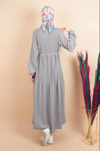 Bürümcük Elbise Tesettür Gizli Düğmeli Bel Tünelli Elbise Gri - 3