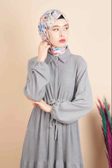 Bürümcük Elbise Tesettür Gizli Düğmeli Bel Tünelli Elbise Gri - 4