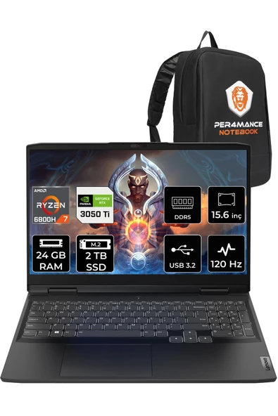 LENOVO Ideapad 3 R7 6800H 24GB 2TB SSD 3050Ti/4GB 15.6" FHD 120HZ FDOS 82SB00X6TX & PER4 ÇANTA