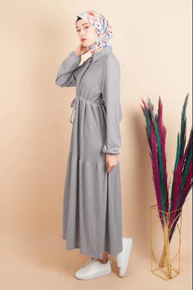 Bürümcük Elbise Tesettür Gizli Düğmeli Bel Tünelli Elbise Gri - 2
