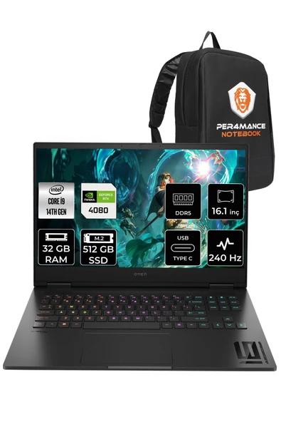 HP OMEN 16  i9-14900HX 32GB RAM 512GB SSD RTX4080/12GB 240Hz 16.1 QHD FDOS 9J1L3EA & PER4 ÇANTA