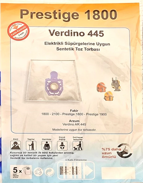 Fakir prestige  1800 Arzum verdino 445 siyah süpürge torbası 5li - 2