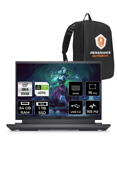 Dell G16 7630 i9 13900HX 64GB 1TB SSD RTX4070/8GB 165Hz 16" QHD FDOS G76302401020 & PER4 ÇANTA
