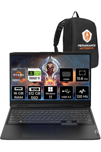 LENOVO Ideapad 3 R7 6800H 16GB 512GB SSD 3050Ti/4GB 15.6" FHD 120HZ W11P 82SB00NWTX & PER4 ÇANTA