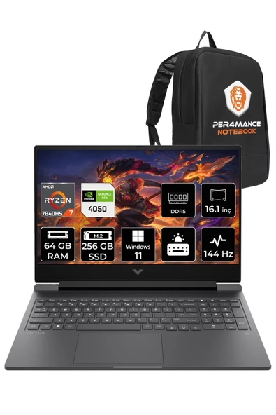 HP Victus 16 Ryzen 7 7840HS 64GB 256GB SSD RTX4050/6GB 16.1" 144Hz FHD W11P 7Z587EA & PER4 ÇANTA