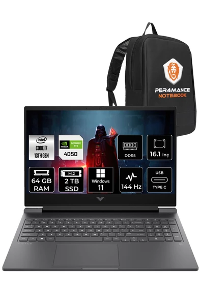 HP Victus 16 i7-13700H 64GB 2TB SSD RTX4050/6GB 144HZ 16.1" FHD W11P 8W8A5EA & PER4 ÇANTA