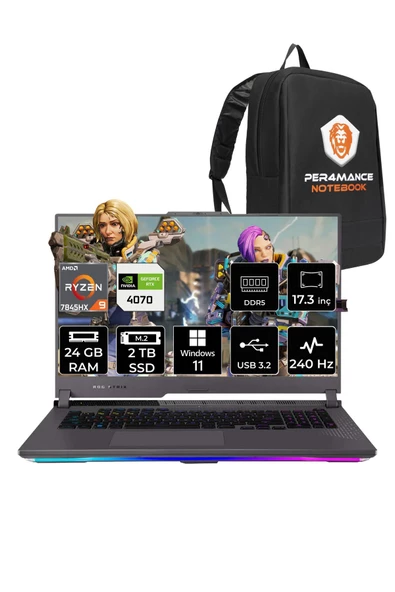 ASUS ROG STRIX G17 R9 7845HX 24GB 2TB SSD RTX4070/8GB 240Hz 17.3" WQHD W11P LL082 & PER4 ÇANTA