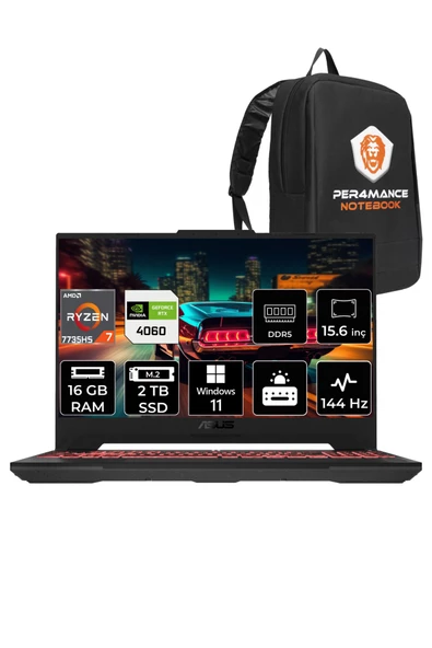 ASUS TUF Gaming A15 R7 7735HS 16GB 2TB SSD RTX4060/8GB 144HZ 15.6 FHD W11PRO LP037 & PER4 ÇANTA