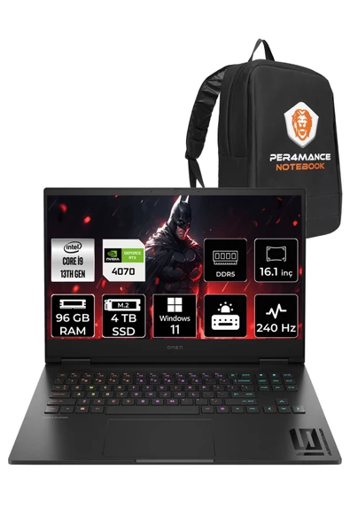 HP OMEN 16 i9-13900HX 96GB RAM 4TB SSD RTX4070/8GB 240HZ 16.1 QHD W11PRO 7Q7W3EA & PER4 ÇANTA