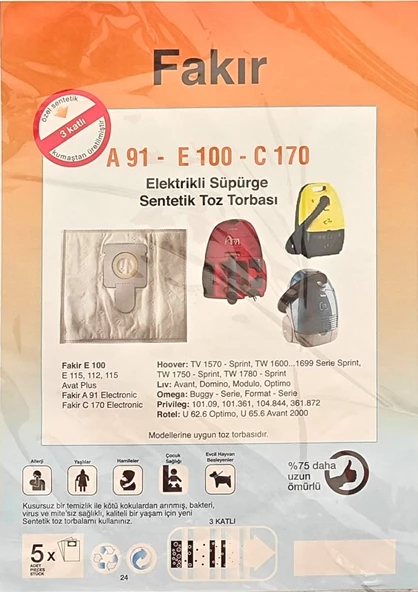 Fakir A91 E100 C170 süpürge torbası 5li - 2