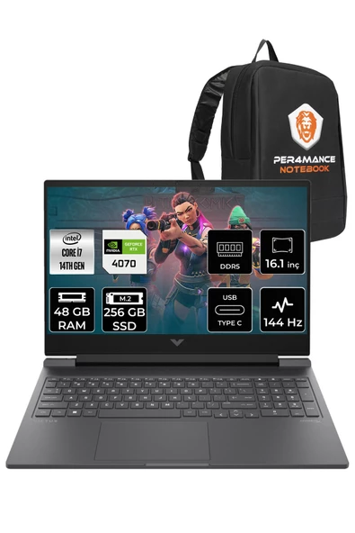 HP VİCTUS 16  i7-14700HX 48GB RAM 256GB SSD RTX4070/8GB 144Hz 16.1 FHD FDOS 9J226EA & PER4 ÇANTA