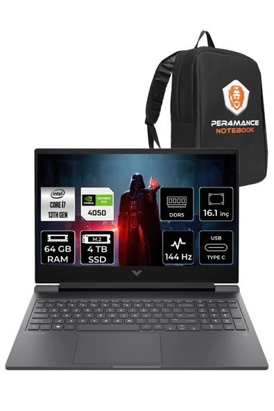 HP Victus 16 i7-13700H 64GB 4TB SSD RTX4050/6GB 144HZ 16.1" FHD FDOS 8W8A5EA & PER4 ÇANTA