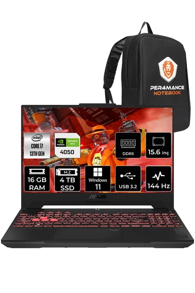 ASUS Tuf Gaming F15 i7 13620H 16GB RAM 4TB SSD RTX4050/6GB 144Hz 15.6" FHD W11P LP260 & PER4 ÇANTA