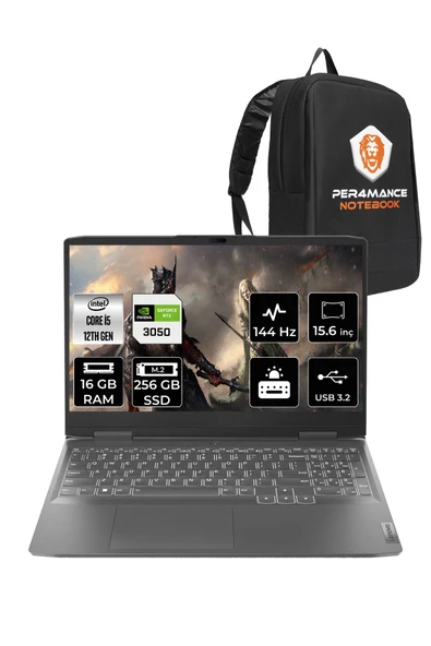 LENOVO LOQ  i5-12450H 16GB 256GB SSD RTX3050/6GB 15.6" FHD 144Hz FDOS 82XV00WYTX & PER4 ÇANTA