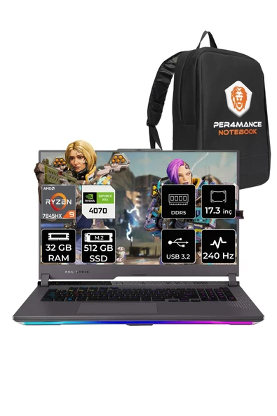 ASUS ROG STRIX G17 R9 7845HX 32GB 512GB SSD RTX4070/8GB 240Hz 17.3" WQHD FDOS LL082 & PER4 ÇANTA