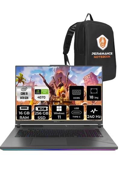 ASUS ROG Strix G18 i9-14900HX 16GB 256GB SSD RTX4070/8GB 240Hz 18" WQXGA W11H N6062 & PER4 ÇANTA