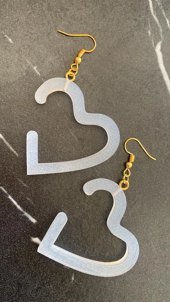 Transparan Beyaz Renkli Simli Sedefli Gold Aksesuar Açık Kalp Şekil Epoksi Küpe El Yapımı - Resim 4