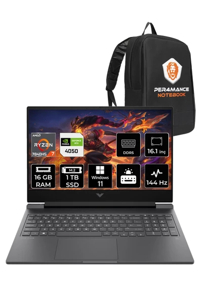 HP Victus 16 Ryzen 7 7840HS 16GB 1TB SSD RTX4050/6GB 144HZ 16.1" FHD W11P 892P9EA & PER4 ÇANTA