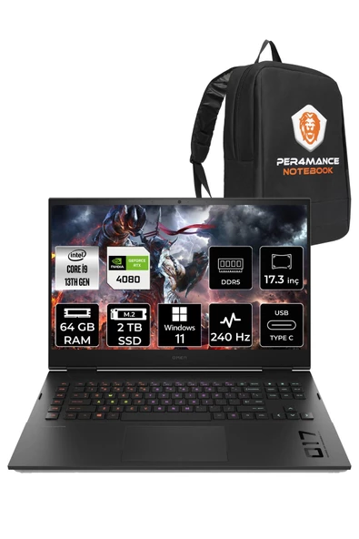 HP OMEN 17 i9 13900HX 64GB RAM 2TB SSD RTX4080/12GB 240Hz 17.3 QHD W11HOME 7P6D5EA & PER4 ÇANTA