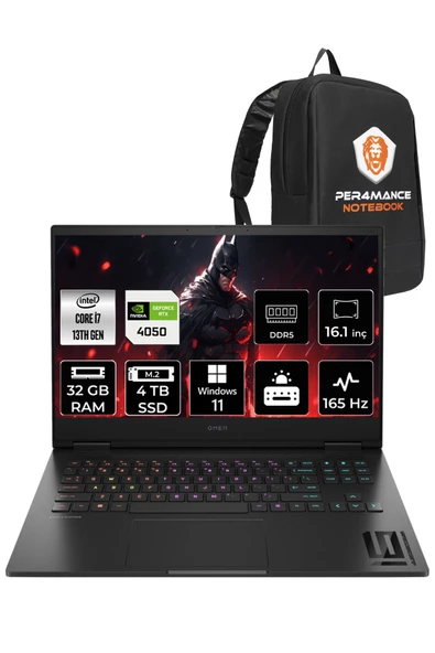 HP OMEN 16 i7-13700HX 32GB RAM 2+2TB SSD RTX4050/6GB 165HZ 16.1 FHD W11HOME 7Q7Y1EA & PER4 ÇANTA