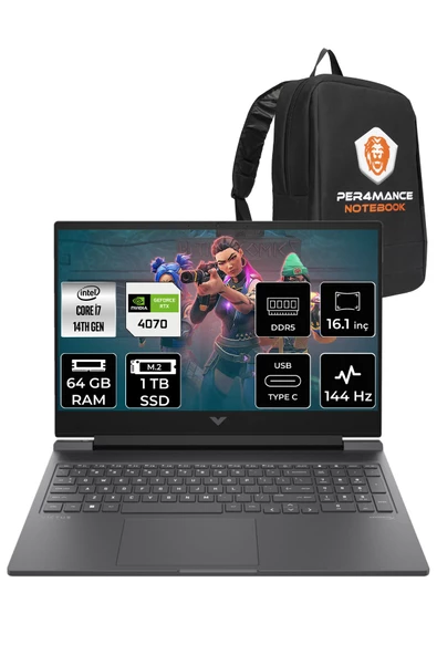 HP VİCTUS 16  i7-14700HX 64GB RAM 1TB SSD RTX4070/8GB 144Hz 16.1 FHD FDOS 9J226EA & PER4 ÇANTA