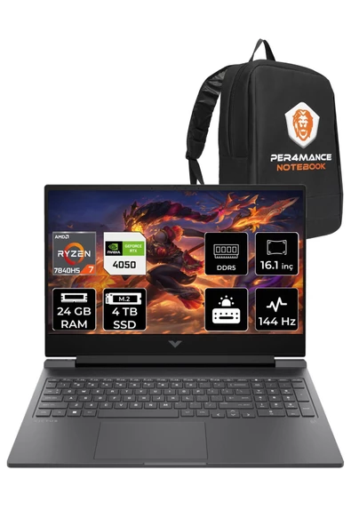 HP Victus 16 Ryzen 7 7840HS 24GB 2+2TB SSD RTX4050/6GB 16.1" 144Hz FHD FDOS 7Z587EA & PER4 ÇANTA