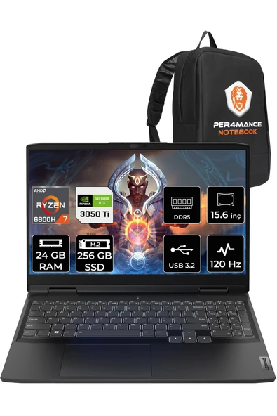 LENOVO Ideapad 3 R7 6800H 24GB 256GB SSD 3050Ti/4GB 15.6" FHD 120HZ FDOS 82SB00X6TX & PER4 ÇANTA