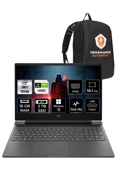 HP Victus 16 i7-13700H 16GB 2TB SSD RTX4050/6GB 144HZ 16.1" FHD W11P 8W8A5EA & PER4 ÇANTA