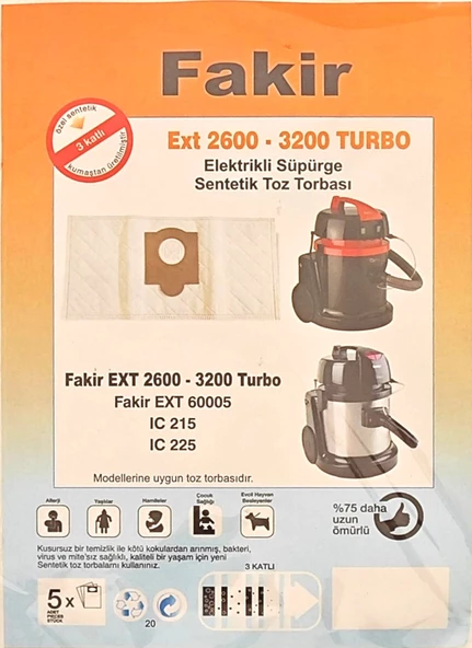 Fakir Ext 2600 3200 turbo süpürge torbası 5li - 2