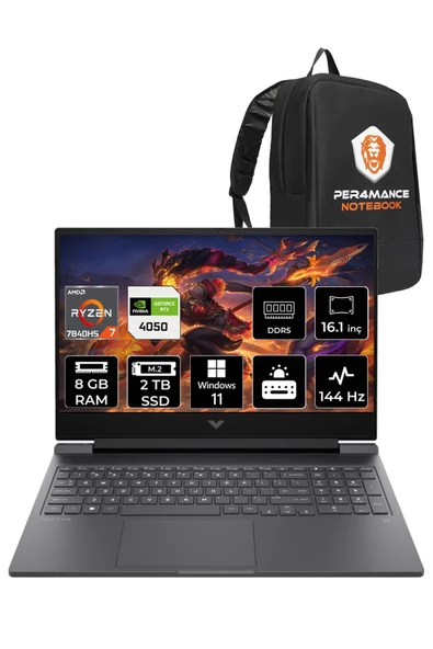 HP Victus 16 Ryzen 7 7840HS 8GB 2TB SSD RTX4050/6GB 16.1" 144Hz FHD W11P 7Z587EA & PER4 ÇANTA