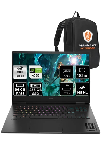 HP OMEN 16  i9-14900HX 96GB RAM 256GB SSD RTX4080/12GB 165Hz 16.1 FHD W11PRO 9J2A5EA & PER4 ÇANTA